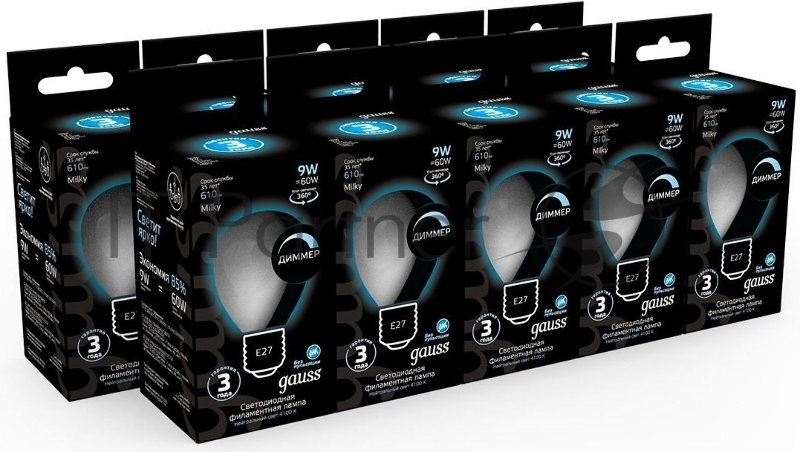 Лампа светодиодная Gauss Filament 105202209-D 9Вт цок.:E27 шар 220B 4100K св.свеч.бел.ней. (упак.:10шт)
