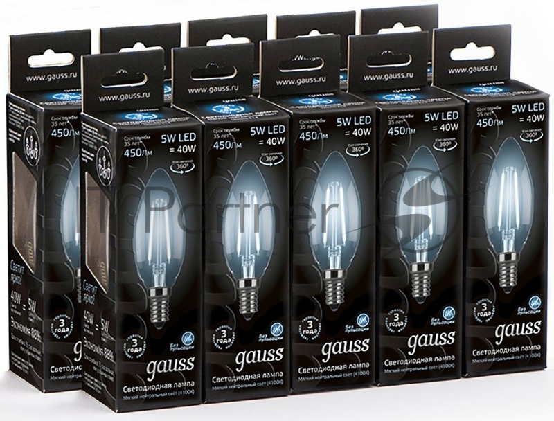 Лампа филам. Gauss 5Вт цок.:E14 свеча 220B 4100K св.свеч.бел.ней. C37 (упак.:10шт) (103801205)
