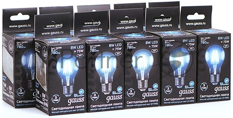 Лампа филам. Gauss 8Вт цок.:E27 шар 220B 4100K св.свеч.бел.ней. A60 (упак.:10шт) (102802208)