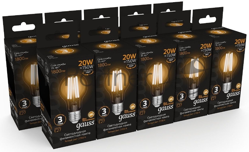Лампа Gauss Filament А60 20W 1800lm 2700К Е27 LED 1/10/40