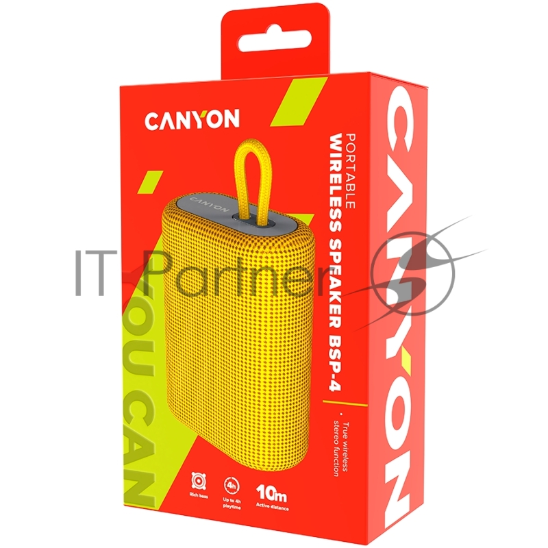 Портативная акустика CANYON BSP-4, Bluetooth Speaker, BT V5.0, BLUETRUM AB5365A, TF card support, Type-C USB port, 1200mAh polymer battery, Yellow, cable length 0.42m, 114*93*51mm, 0.29kg