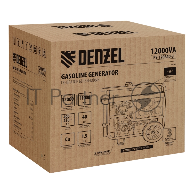 Генератор бензиновый PS-120EAD-3, 12 кВт,230/400 В, 40л, разъём ATS,перекл.режима,эл.старт// Denzel