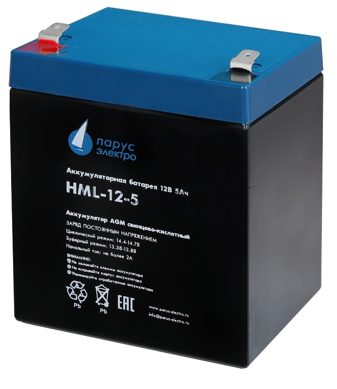 Батарея Парус Электро, профессиональная серия HML-12-5, напряжение 12В, емкость 5.2Ач (разряд 20 часов), макс. ток разряда (5сек) 75А, макс. ток заряда 2А, свинцово-кислотная типа AGM, клеммы F2, ДхШхВ 90х70х101мм., полная высота с клеммами 107мм., в