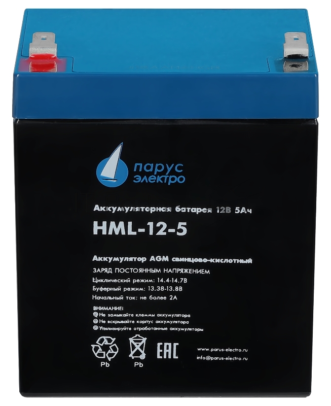 Батарея Парус Электро, профессиональная серия HML-12-5, напряжение 12В, емкость 5.2Ач (разряд 20 часов), макс. ток разряда (5сек) 75А, макс. ток заряда 2А, свинцово-кислотная типа AGM, клеммы F2, ДхШхВ 90х70х101мм., полная высота с клеммами 107мм., в