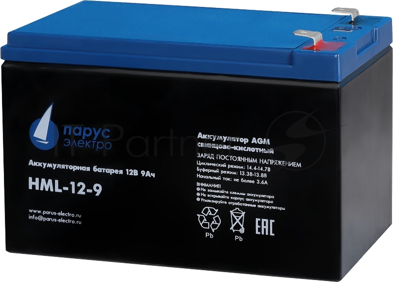 Батарея Парус Электро, профессиональная серия HML-12-9, напряжение 12В, емкость 9Ач (разряд 20 часов), макс. ток разряда (5сек) 135А, макс. ток заряда 3.6А, свинцово-кислотная типа AGM, клеммы F2, ДхШхВ 151х65х94мм., полная высота с клеммами 101мм.,