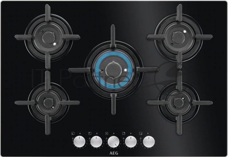 Независимая газовая варочная поверхность AEG, газ на стекле, размер 75 см, управление: спереди, газ-контроль, чугунные держатели, автоподжиг , StepPower