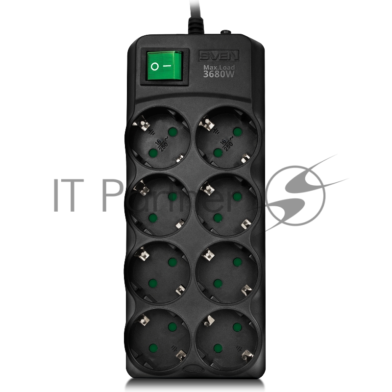Сетевой фильтр SVEN SF-08E-16 (3 м 8 розеток с защитными шторками,16А) черный, цветная коробка