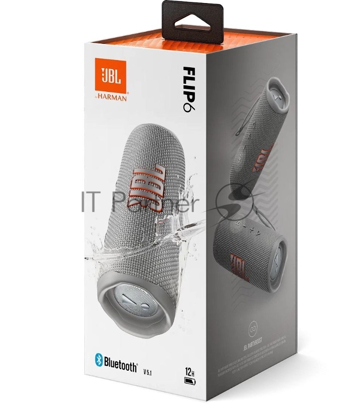 Портативная акустика JBL Flip 6 серый, Bluetooth 5.1, время воспроизведения музыки 12 ч, емкость аккумулятора 4800 mAh, время заряда аккумулятора 2,5 ч, цвет серый