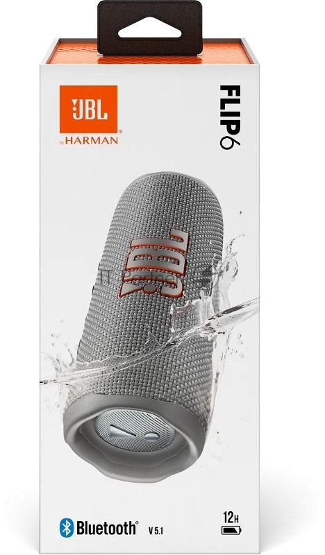 Портативная акустика JBL Flip 6 серый, Bluetooth 5.1, время воспроизведения музыки 12 ч, емкость аккумулятора 4800 mAh, время заряда аккумулятора 2,5 ч, цвет серый