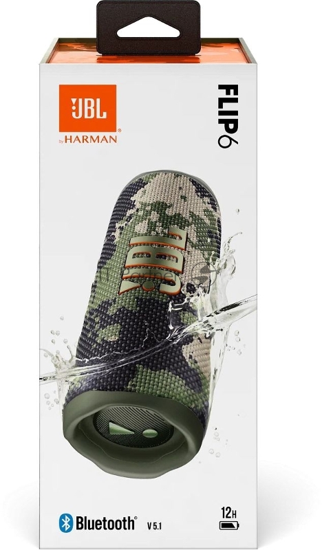 Портативная акустика JBL Flip 6 камуфляж, Bluetooth 5.1, время воспроизведения музыки 12 ч, емкость аккумулятора 4800 mAh, время заряда 2,5 ч