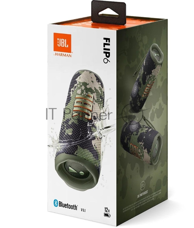 Портативная акустика JBL Flip 6 камуфляж, Bluetooth 5.1, время воспроизведения музыки 12 ч, емкость аккумулятора 4800 mAh, время заряда 2,5 ч