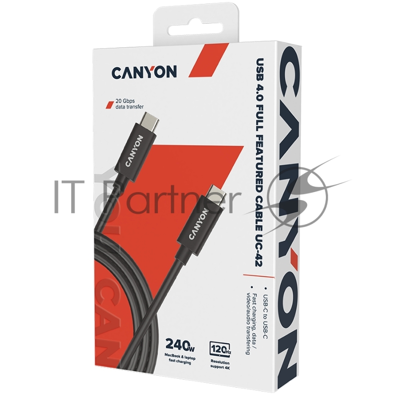 Кабель CANYON UC-42, USB4 TYPE-C to TYPE-C cable assembly 20G 2m 5A 240W(ERP) with E-MARK, CE, ROHS, black