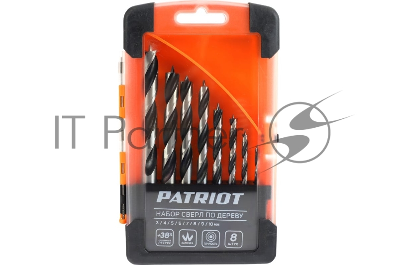 Набор сверл по дереву PATRIOT спиральные, W-образная заточка, 8 шт: 3, 4, 5, 6, 7, 8, 9, 10мм, в пластиковом боксе