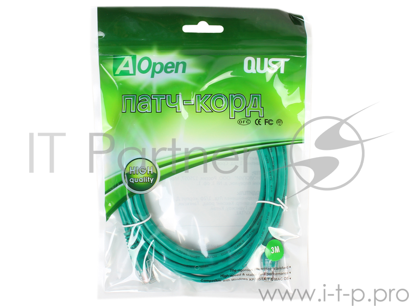 Патчкорд литой Aopen/Qust UTP кат.5е 3м зеленый (ANP511_3M_G)