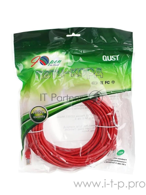 Патчкорд литой Aopen/Qust UTP кат.5е 15м красный (ANP511_15M_R)