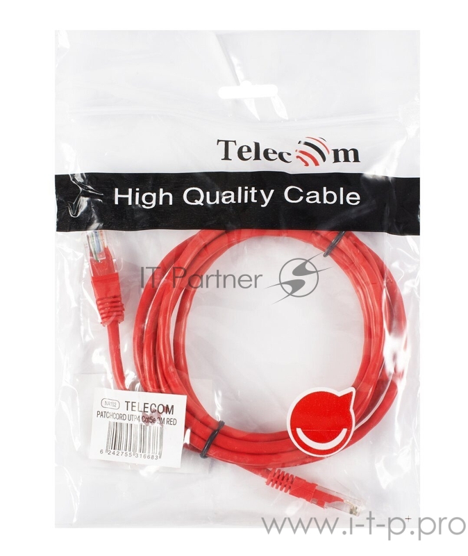 Патчкорд литой Telecom UTP кат.5е 2,0м красный