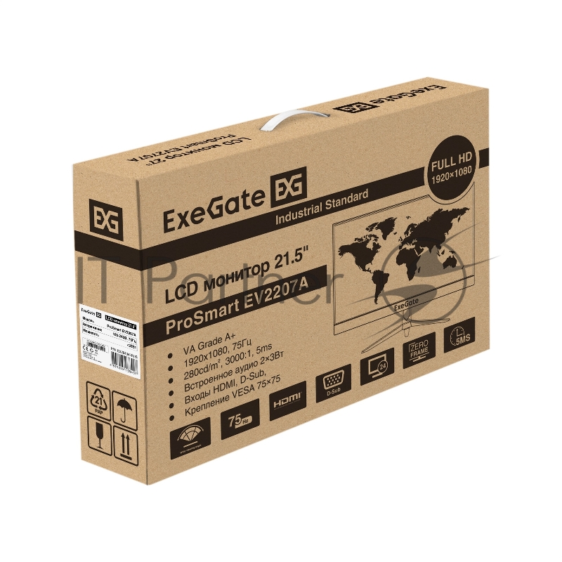 Монитор безрамочный с аудио 21.5 ExeGate EX294343RUS ProSmart EV2207A (VA LED Grade A+, FHD, 1920x1080, 16:9, 280cd/m2, 3000:1, 178°/178°, 5ms, Speakers, D-Sub, HDMI, кабель HDMI 1.5м, VESA, регулировка наклона, черный)