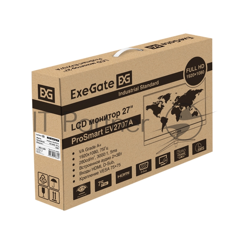 Монитор безрамочный с аудио 27 ExeGate EX294345RUS ProSmart EV2707A (VA LED Grade A+, FHD, 1920x1080, 16:9, 280cd/m2, 3000:1, 178°/178°, 5ms, Speakers, D-Sub, HDMI, кабель HDMI 1.5м, VESA, регулировка наклона, черный)