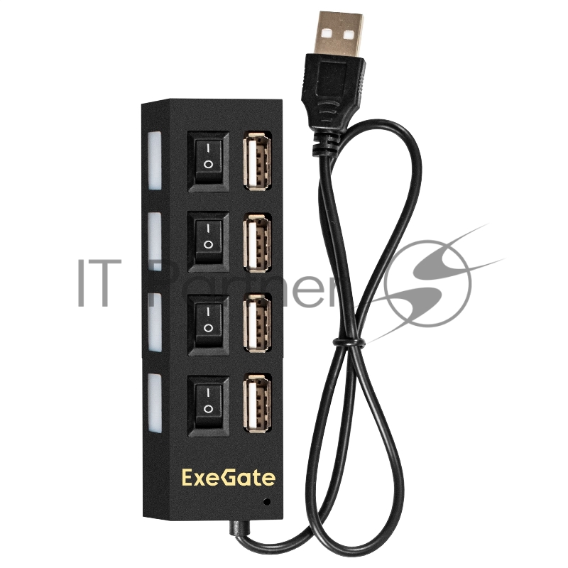 USB-Хаб (концентратор) ExeGate EX293977RUS DUB-42SW (кабель-адаптер USB2.0 --> 4xUSB2.0, кнопки включения/отключения для каждого порта, Plug&Play, черный)