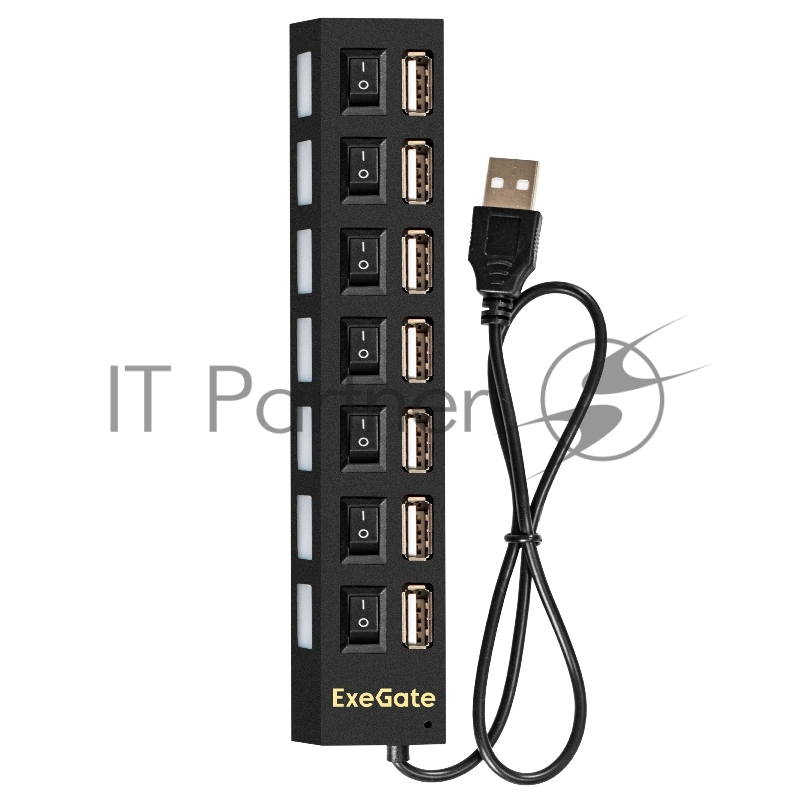 USB-Хаб (концентратор) ExeGate EX293978RUS DUB-72SW (кабель-адаптер USB2.0 --> 7xUSB2.0, кнопки включения/отключения для каждого порта, Plug&Play, черный)