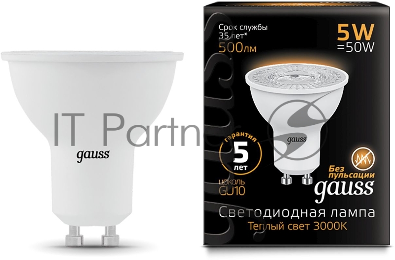 Лампа светодиодная Gauss Black 5Вт цок.:GU10 рефлектор 220B 3000K св.свеч.бел.теп. MR16 (упак.:10шт) (101506105)