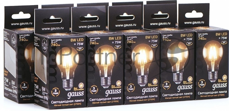 Лампа филам. Gauss 8Вт цок.:E27 шар 220B 2700K св.свеч.бел.теп. A60 (упак.:10шт) (102802108)