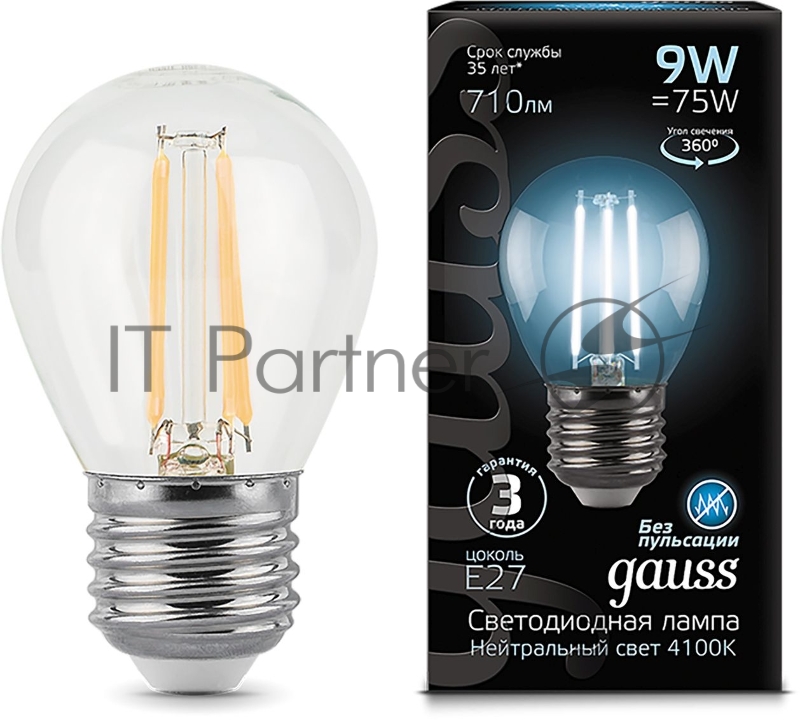 Лампа филам. Gauss 9Вт цок.:E27 шар 220B 4100K св.свеч.бел.ней. G45 (упак.:10шт) (105802209)