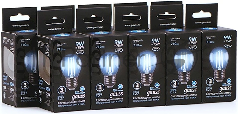 Лампа филам. Gauss 9Вт цок.:E27 шар 220B 4100K св.свеч.бел.ней. G45 (упак.:10шт) (105802209)