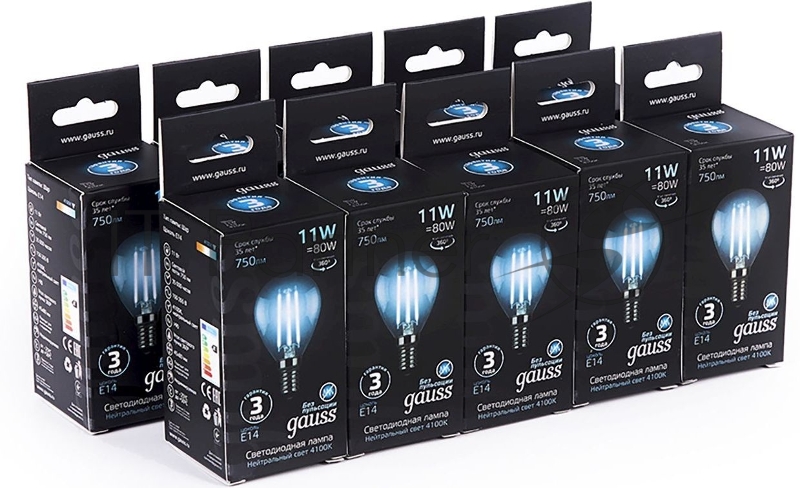 Лампа филам. Gauss Filament 11Вт цок.:E14 шар 220B 4100K св.свеч.бел.ней. (упак.:10шт) (105801211)