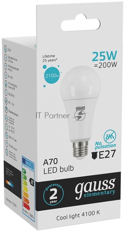 Лампа светодиодная Gauss Elementary 25Вт цок.:E27 груша 220B 4100K св.свеч.бел.ней. A67 (упак.:10шт) (73225)