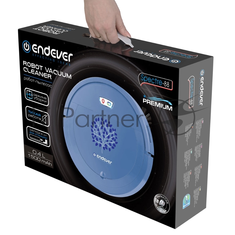 Робот-пылесос Endever Spectre-88, голубой, емкость аккумулятора 1500 мА/ч, Li-ion батарея, площадь убокри 120 кв.м.
