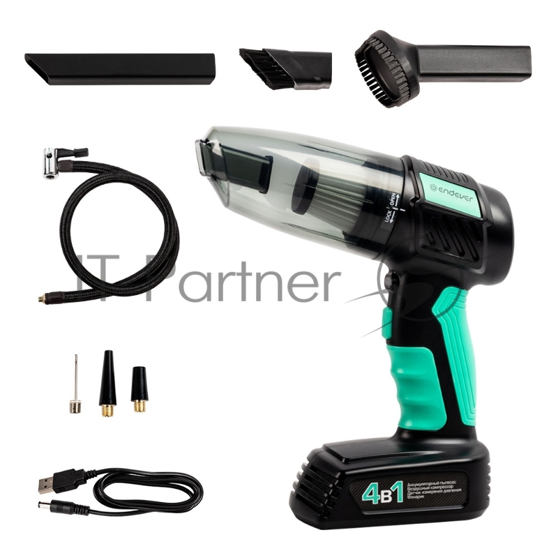 Пылесос автомобильный 4в1 Endever SkyClean VC-295, мятный/черный, 90 Вт, Акб. 2500 мАч, 7,4 В, емкость 330 мл,