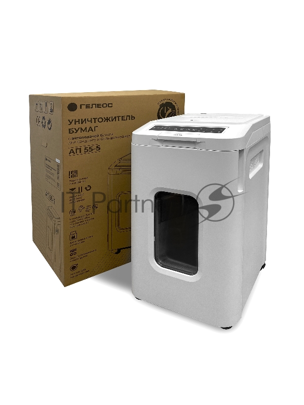 Уничтожитель документов ГЕЛЕОС АП55-5, DIN P-5 (5 ур-нь секр.), фрагмент 1,9х12мм, АВТОПОДАЧА 400 лист (70г/м2), пл.карты/скрепки/скобы, 55 литров