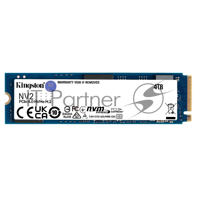 Твердотельный накопитель Kingston SSD NV2, 4000GB, M.2(22x80mm), NVMe, PCIe 4.0 x4, 3D TLC, R/W 3500/2800MB/s, TBW 1280, DWPD 0.3 (3 года)