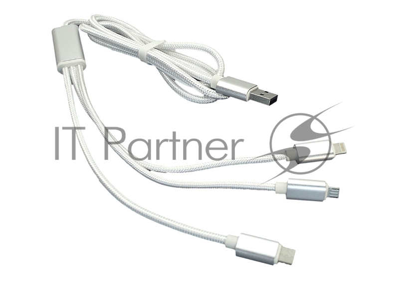 Кабель для зарядки USB (3-в-1) ( Apple Lightning 8Pin, USB Type-C, USB-Micro) ШНУРОК. 1m. Белый