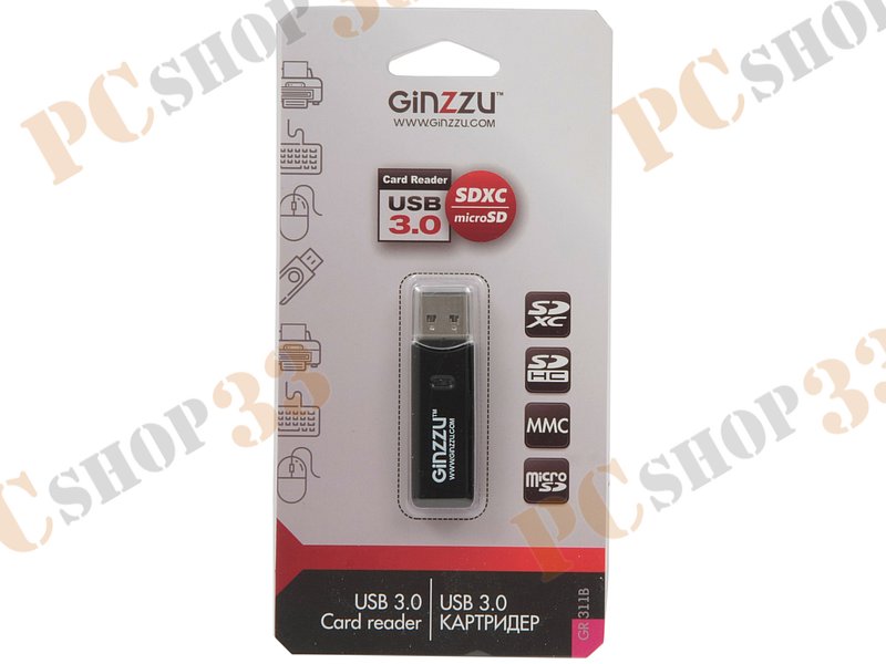 Картридер SDXC/microSD/MMC Ginzzu GR-311B, внешн., черный (USB3.0)