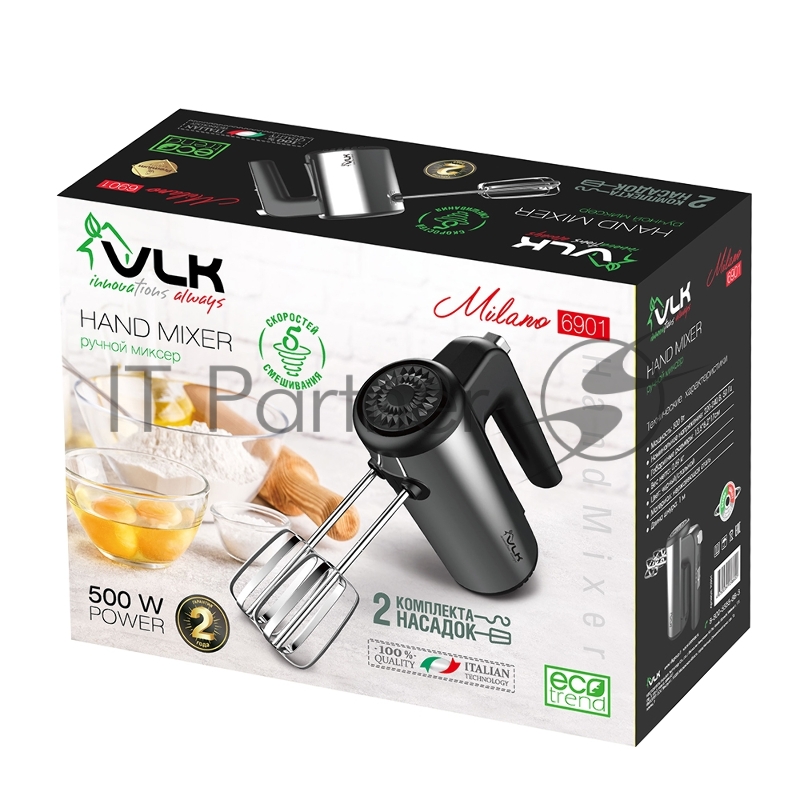 Миксер ручной VLK Milano-6901, черный/стальной, мощность 500 Вт, 2 насадки, 5 скоростей, 18 шт/уп.