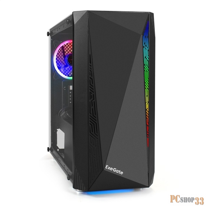 Корпус Minitower Exegate EX294384RUS Mistery R2 (mATX, без БП, 2*USB+1*USB3.0, аудио, черный, 1 вент. 12см с RGB подсветкой и полоса на передней панели, боковая панель - закаленное стекло)