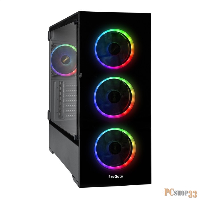 Корпус Miditower ExeGate i3 MAX-PPH500 (eATX, БП 500PPH 80+Bronze 12см, 2*USB+1*USB3.0, HD аудио, черный, 4 вент. 12см с RGB подсветкой, контроллер + ПДУ, ARGB MB кабель, пылевые фильтры, передняя и боковая панели - закаленное стекло)