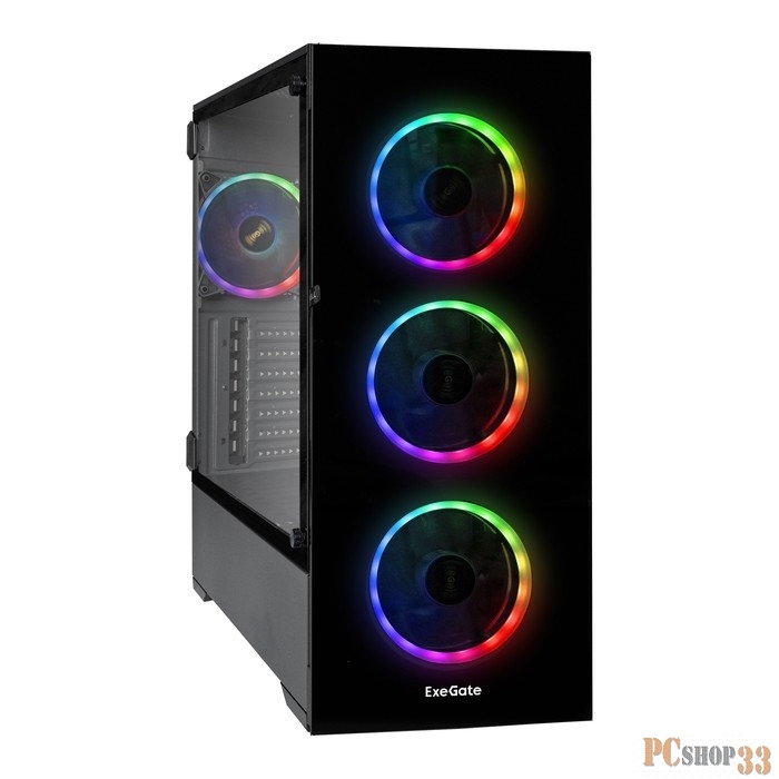 Корпус Miditower ExeGate i3 MAX-PPH600 (eATX, БП 600PPH 80+Bronze 12см, 2*USB+1*USB3.0, HD аудио, черный, 4 вент. 12см с RGB подсветкой, контроллер + ПДУ, ARGB MB кабель, пылевые фильтры, передняя и боковая панели - закаленное стекло)