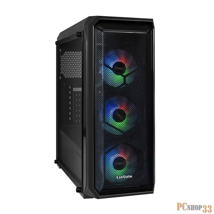 Корпус Miditower ExeGate i3 NEO-PPH500 (ATX, БП 500PPH 80+Bronze 12см, 2*USB+1*USB3.0, HD аудио, черный, 3 вент. 12см с RGB подсветкой, контроллер + ПДУ, ARGB MB кабель, пылевые фильтры, боковая панель - закаленное стекло)