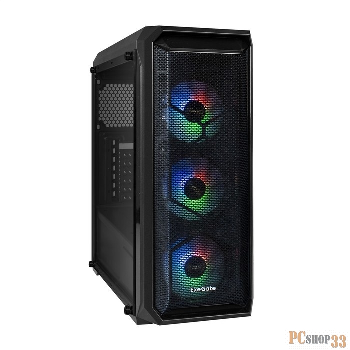 Корпус Miditower ExeGate i3 NEO-PPH600 (ATX, БП 600PPH 80+Bronze 12см, 2*USB+1*USB3.0, HD аудио, черный, 3 вент. 12см с RGB подсветкой, контроллер + ПДУ, ARGB MB кабель, пылевые фильтры, боковая панель - закаленное стекло)