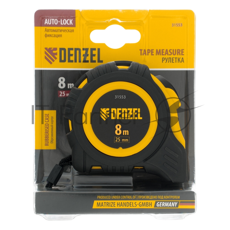 Рулетка 8м х 25мм, обрезиненный корпус, автоматическая фиксация// Denzel