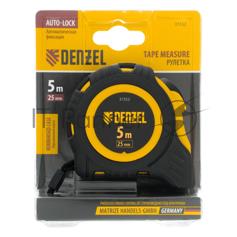 Рулетка 5м х 25мм, обрезиненный корпус, автоматическая фиксация// Denzel