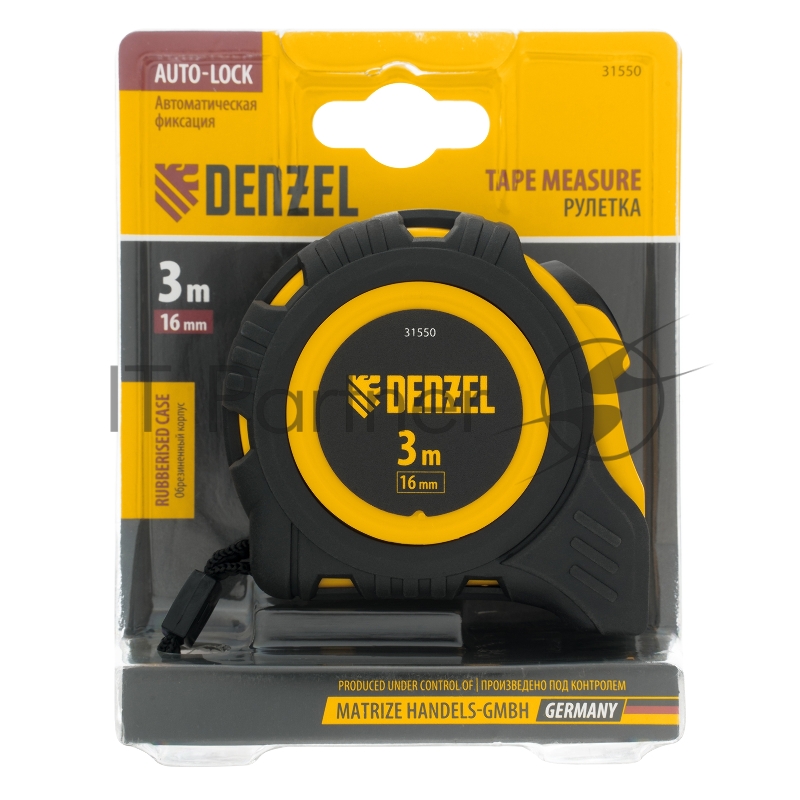 Рулетка 3м х 16мм, обрезиненный корпус, автоматическая фиксация// Denzel
