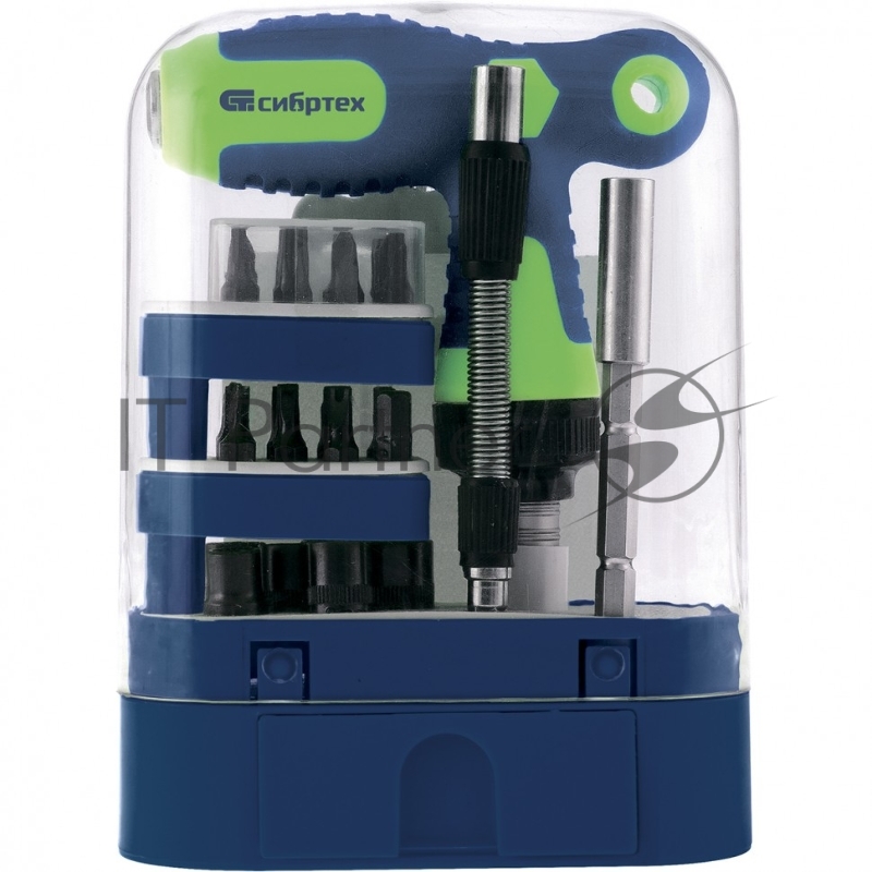 Отвертка Т-образная реверсивная с набором бит, торцевых головок, 33 предмета, CrV// Сибртех