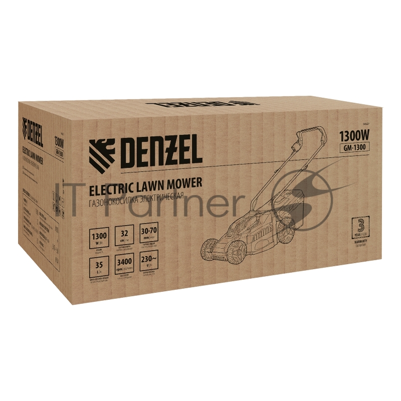 Газонокосилка электрическая GM-1300, 1300 Вт, шир. 32 см, 5 уров., травосб. 35 л// Denzel