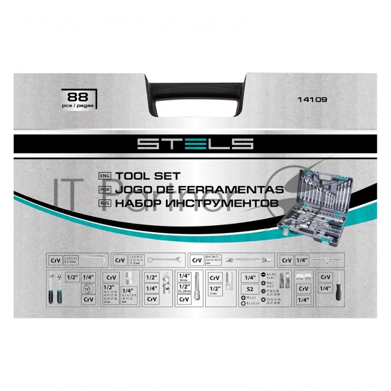 Набор инструментов, 1/2, 1/4, CrV, пластиковый кейс 88 предметов// Stels