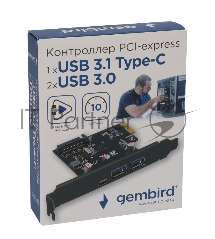 Контроллер USB 3.1 Gembird SPCR-03 в разъем PCI-e, 2xUSB-A + 1xType-C