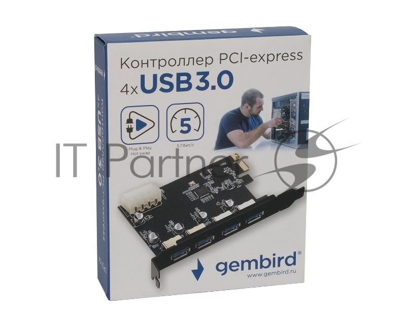 Контроллер USB 3.0 Gembird SPCR-04 в разъем PCI-e, 4xUSB-A